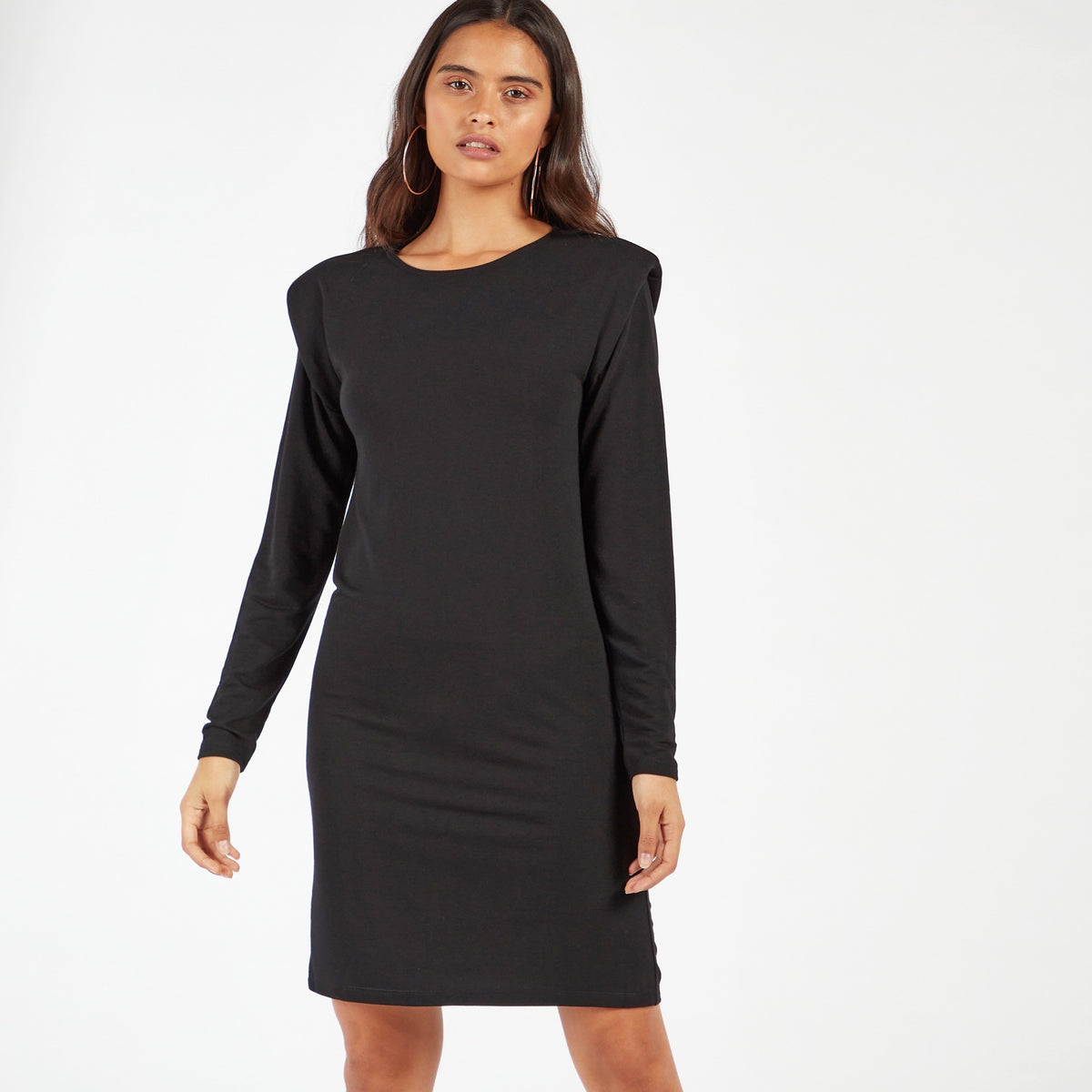 Women’s Shift Knee-Length Dress with Power Shoulder (Black)