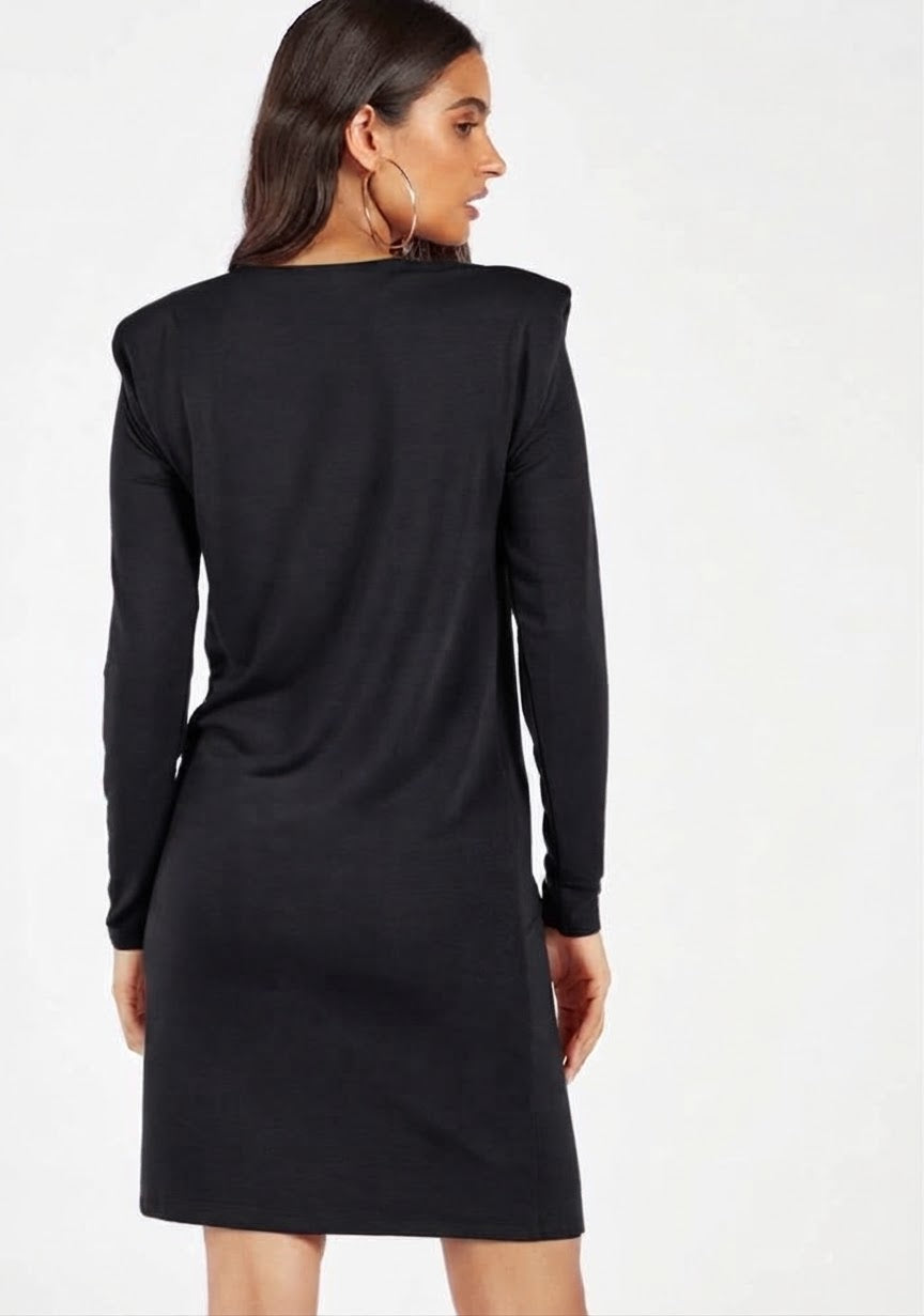 Women’s Shift Knee-Length Dress with Power Shoulder (Black)