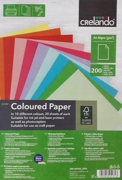 A4 PAPER FOR PRINTER, PHOTOCOPIER, ARTWORK. 200 SHEETS. 10 COLORS