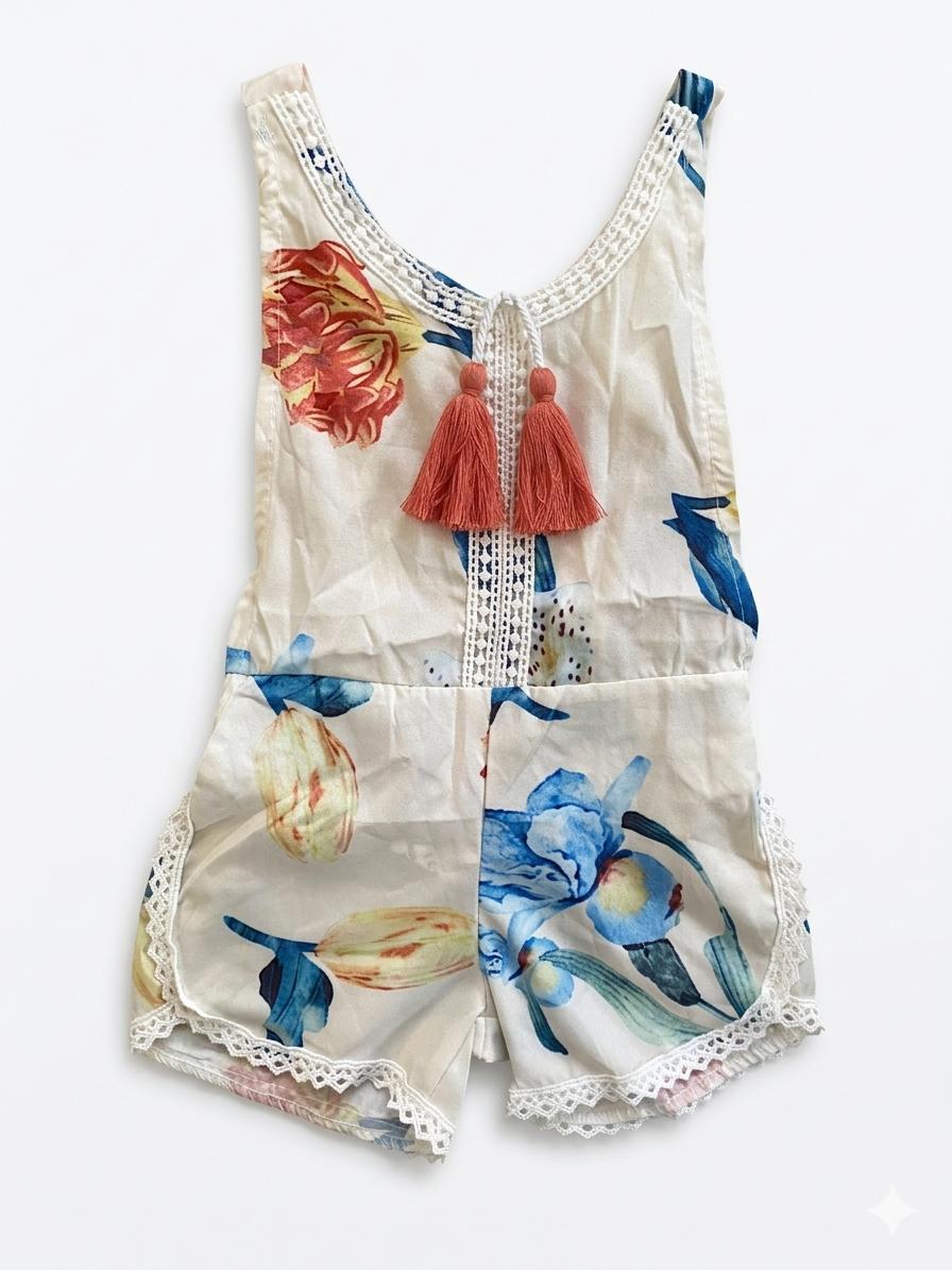Baby Girls' Boho Floral Romper with Tassel & Lace Detail – Cream