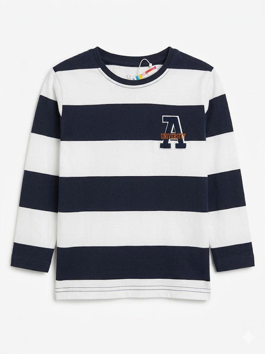 TOPOLINO Long Sleeves Cotton T-Shirt , white & navy