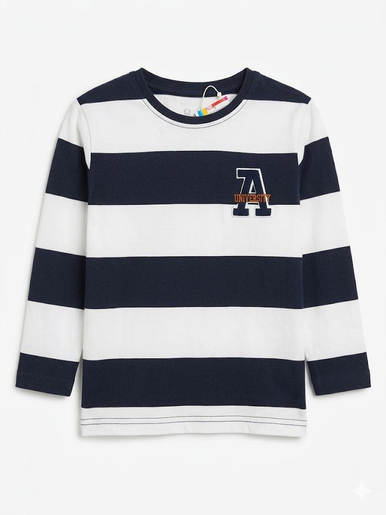 TOPOLINO Long Sleeves Cotton T-Shirt , white & navy