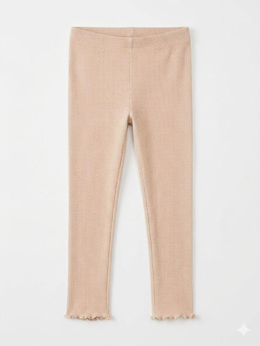 Girls' Ribbed Leggings with Lettuce Edge - Soft Beige