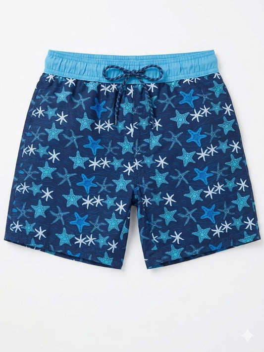 Boys' Starfish Print Ocean Blue Swim Trunks