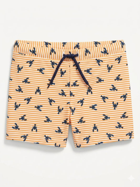Boys' Lobster Print Striped Swim Trunks