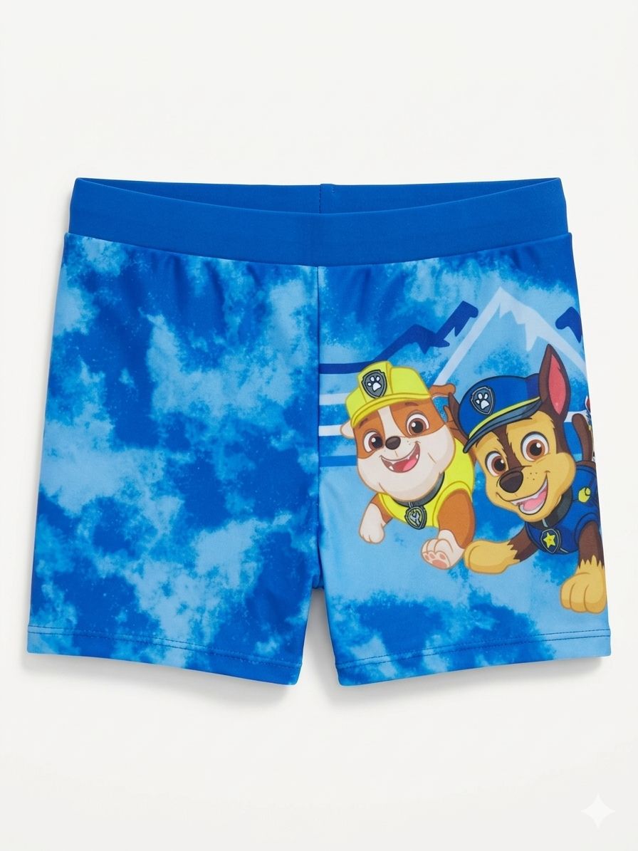 Blue swim shorts with cartoon characters on a white background
