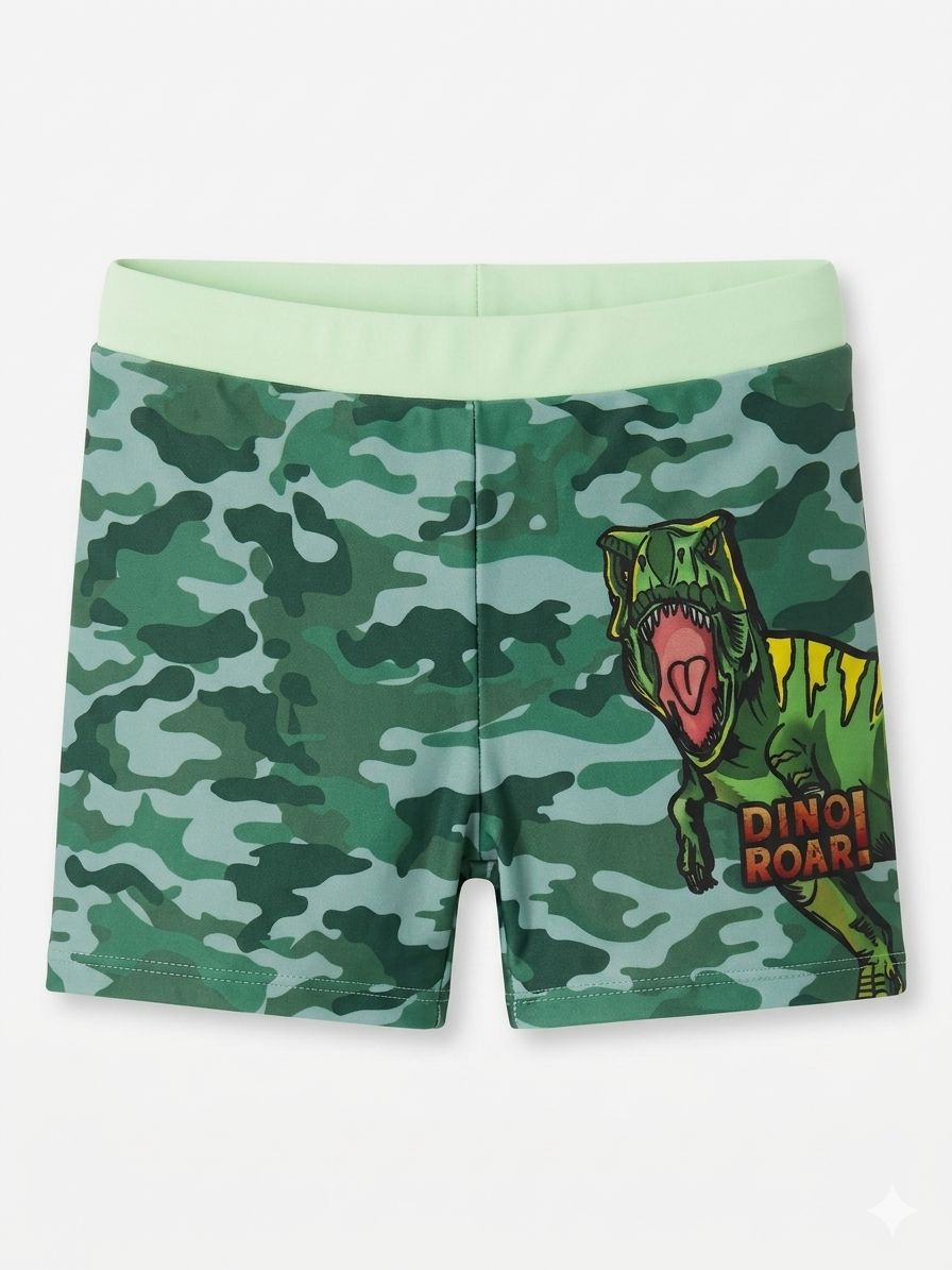 Boys' "Dino Roar" Camouflage Swim Shorts – Green T-Rex Swim Trunks