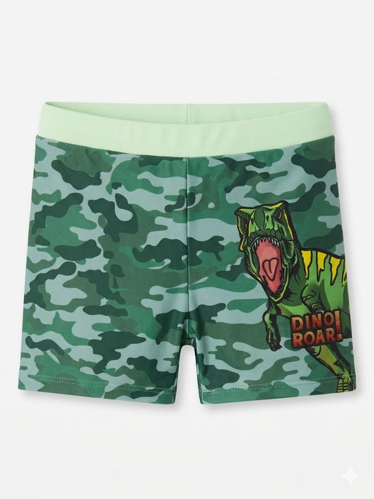 Boys' "Dino Roar" Camouflage Swim Shorts – Green T-Rex Swim Trunks