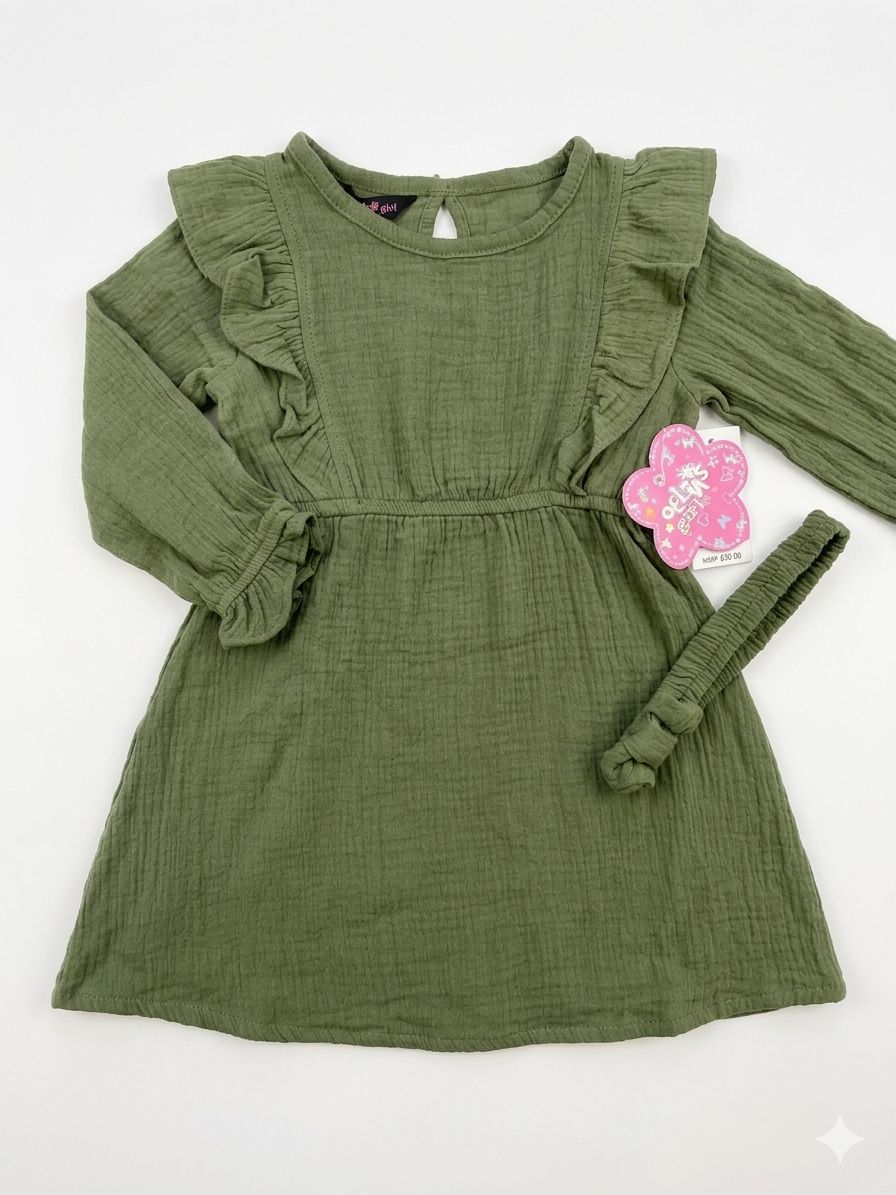 DELIA’S GIRL Long sleeve cotton dress with a matching headband, crinkled fabric, olive green