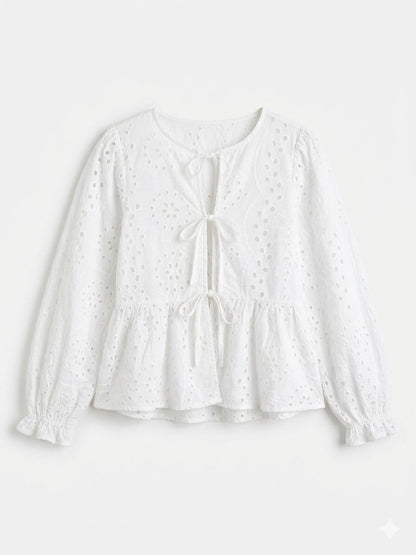 Amisu White Eyelet Tie-Front Peplum Blouse
