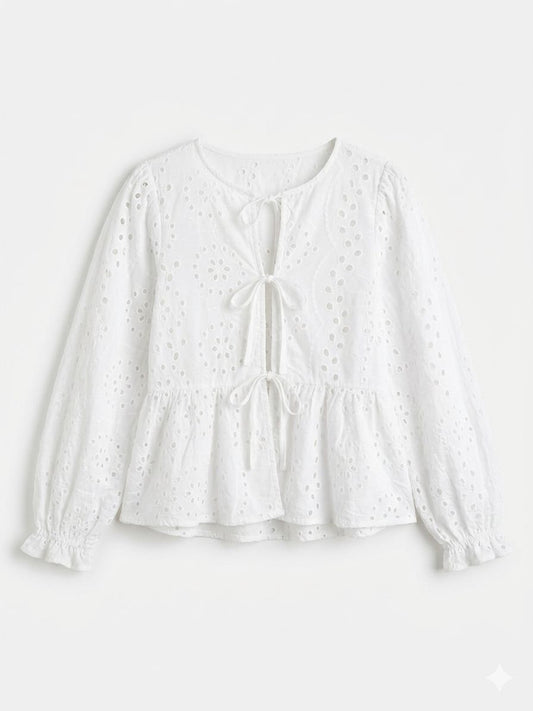 Amisu White Eyelet Tie-Front Peplum Blouse