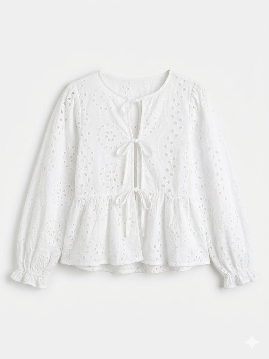 Amisu White Eyelet Tie-Front Peplum Blouse
