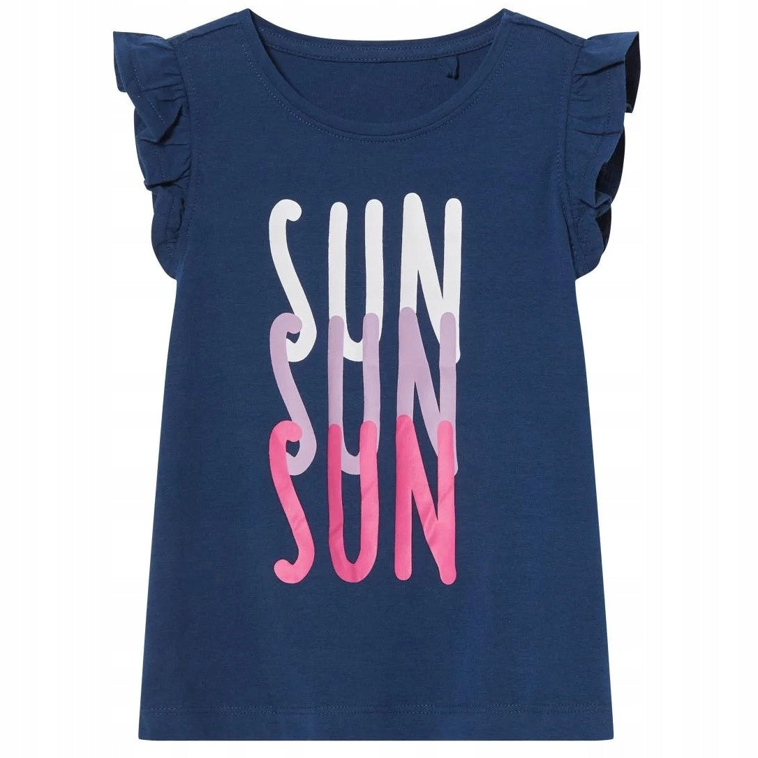 Short-sleeved ruffle blouse, 100% cotton, navy blue