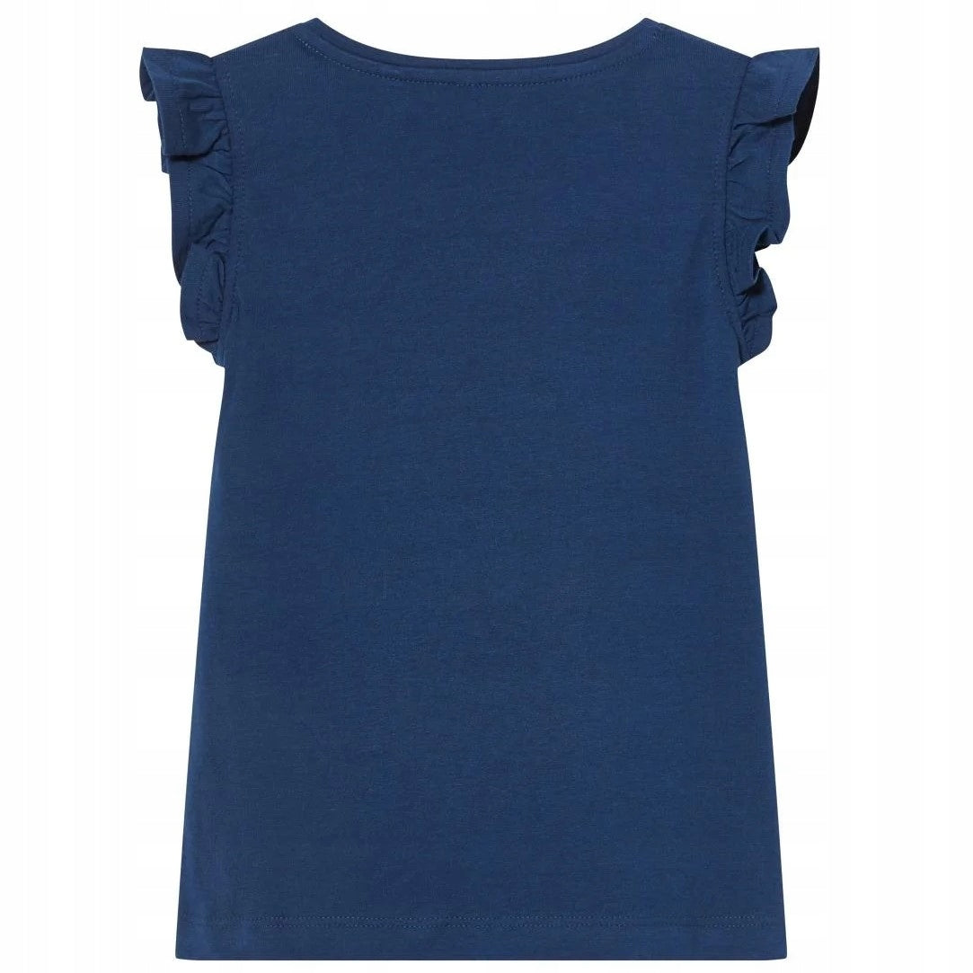 Short-sleeved ruffle blouse, 100% cotton, navy blue