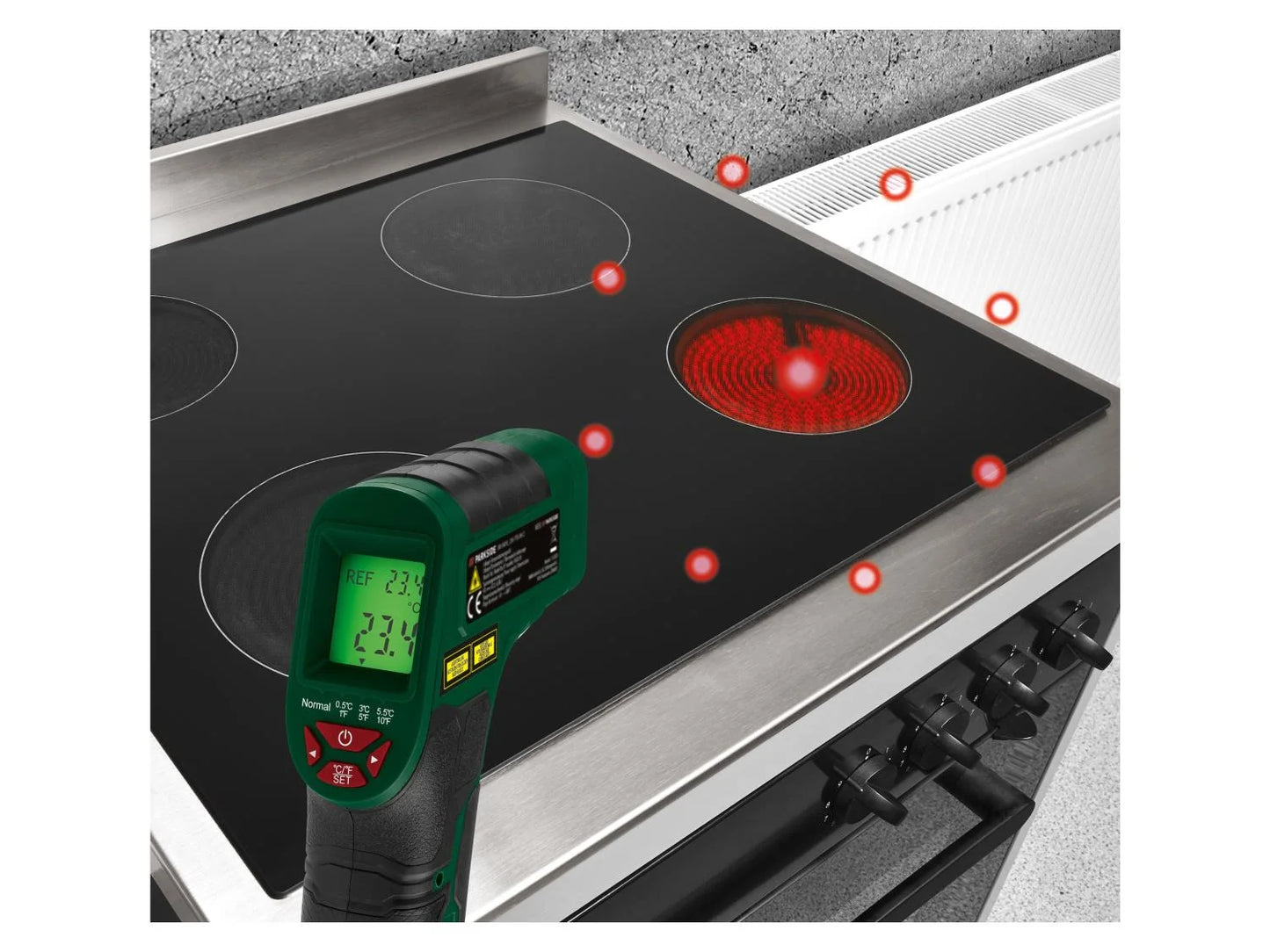 Infrared temperature measuring device »PTI 380 C2«, with colour display and warning tone