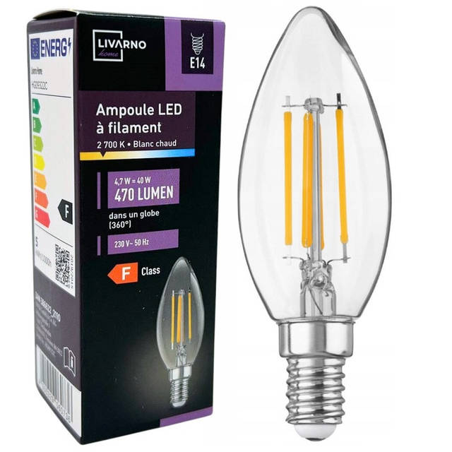 Livarno Home LED Filament Candle Bulb – E14, 2700K Warm White, 470 Lumens