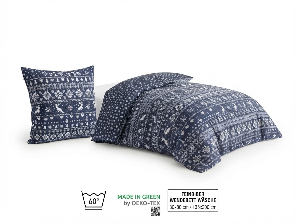 Fine Flannel WINTER Reversible Bedding Set,  100% Cotton with Zipper, Oeko-Tex