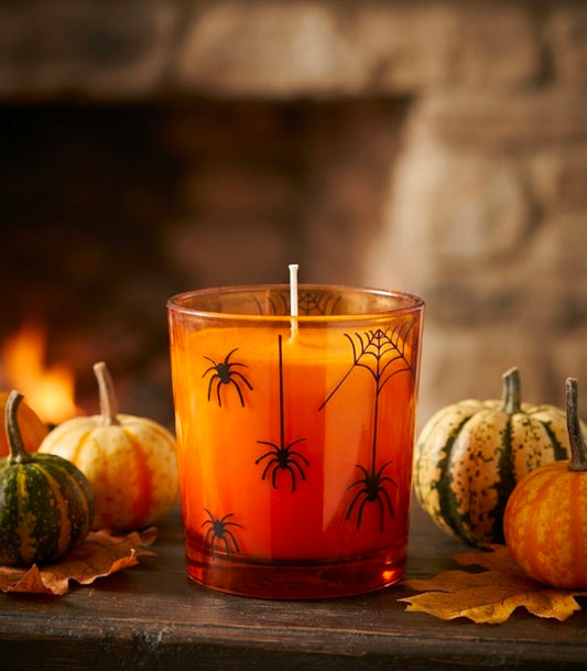 Livarno Home Halloween Spiderweb Votive Candle - Spooky Orange Glass with Scented Wax