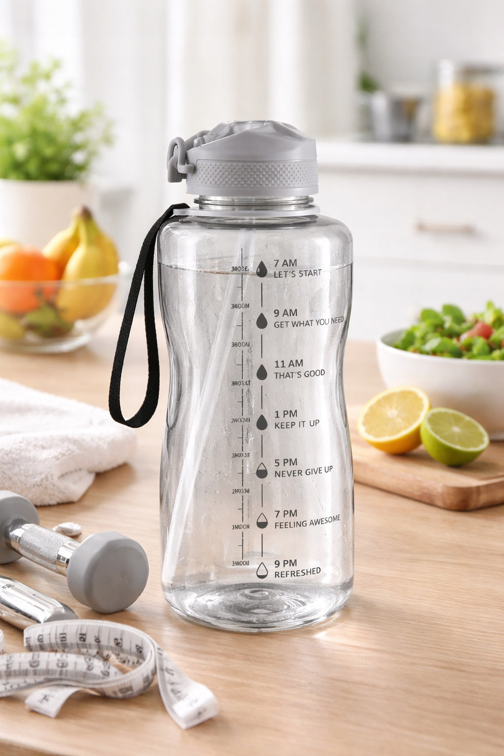 CRIVIT® 2L Gray Water Bottle with Straw, Mouthpiece, BPA FREE, and Measuring Cup
