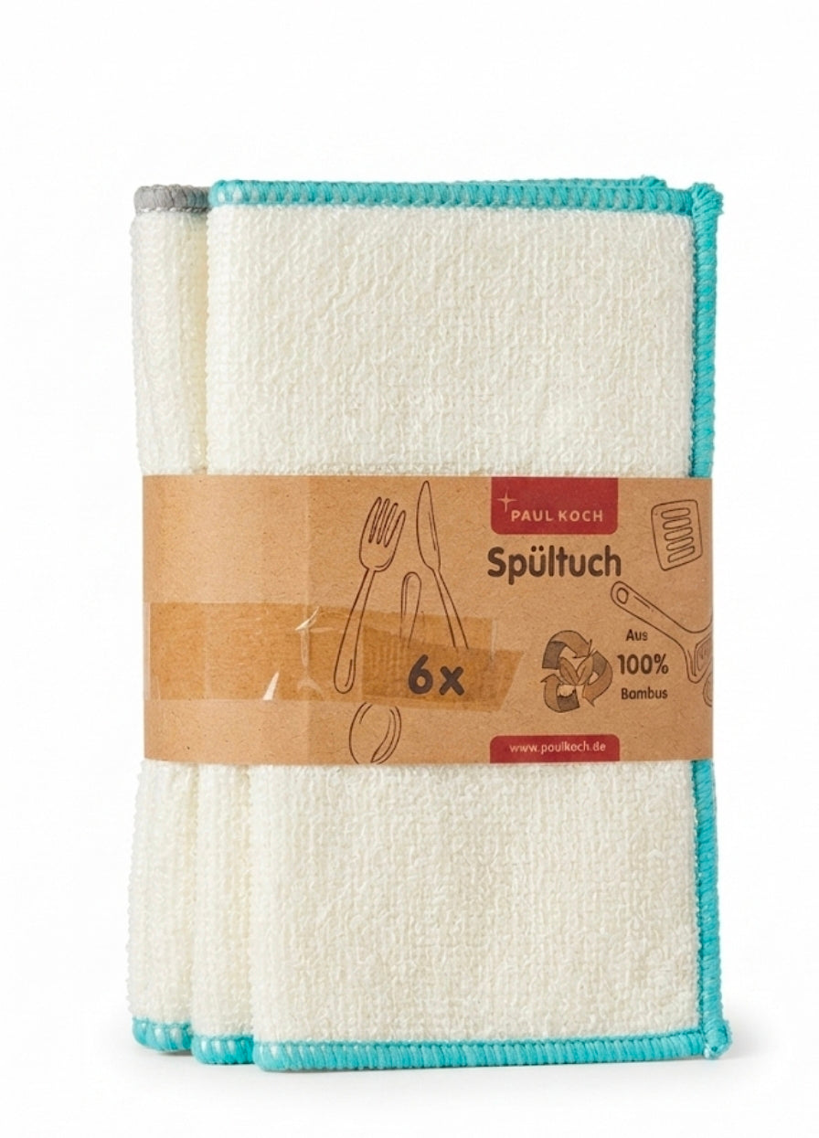 PAUL KOCH Eco-Friendly Bamboo Cleaning Cloths (6-Pack) – Reusable Spültücher with Gray & Blue Trim