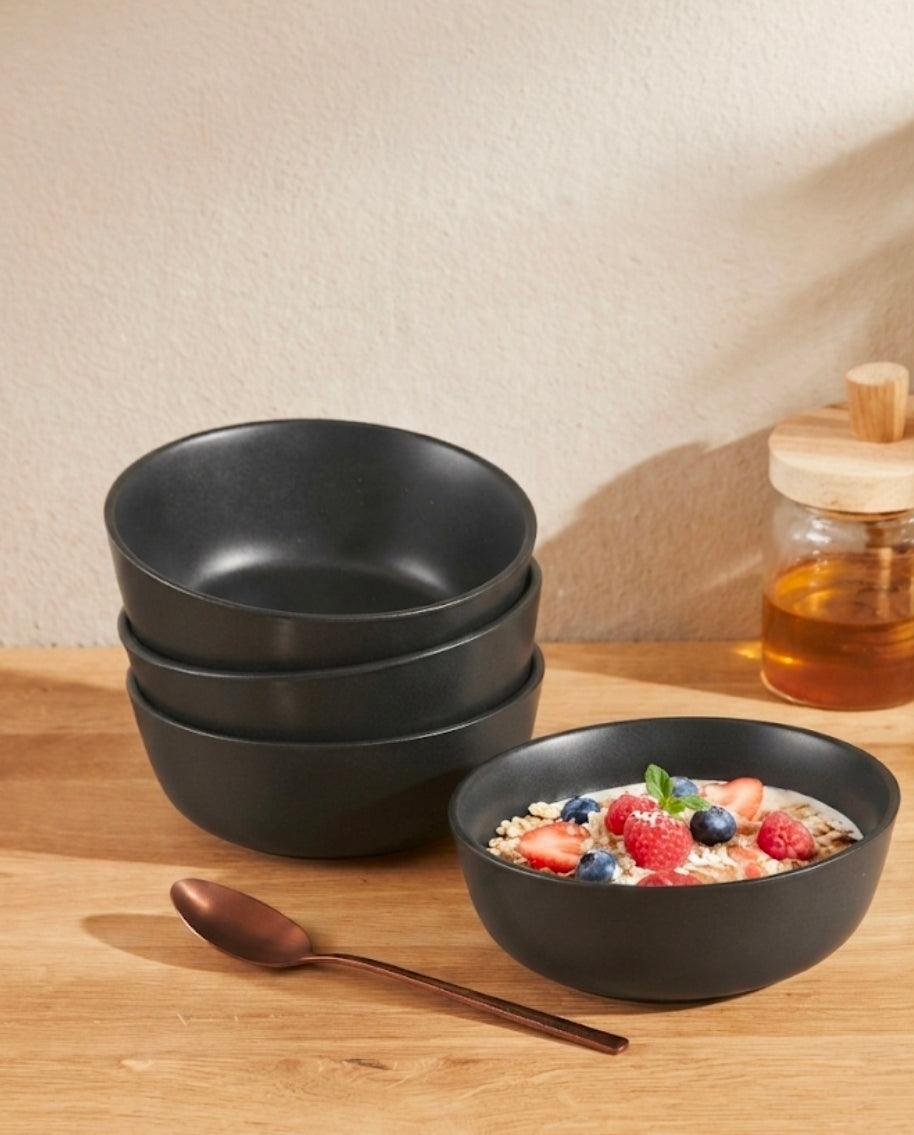 SilverCrest® Bowl Set – 4-Piece Matte Black Stoneware, 600 ml