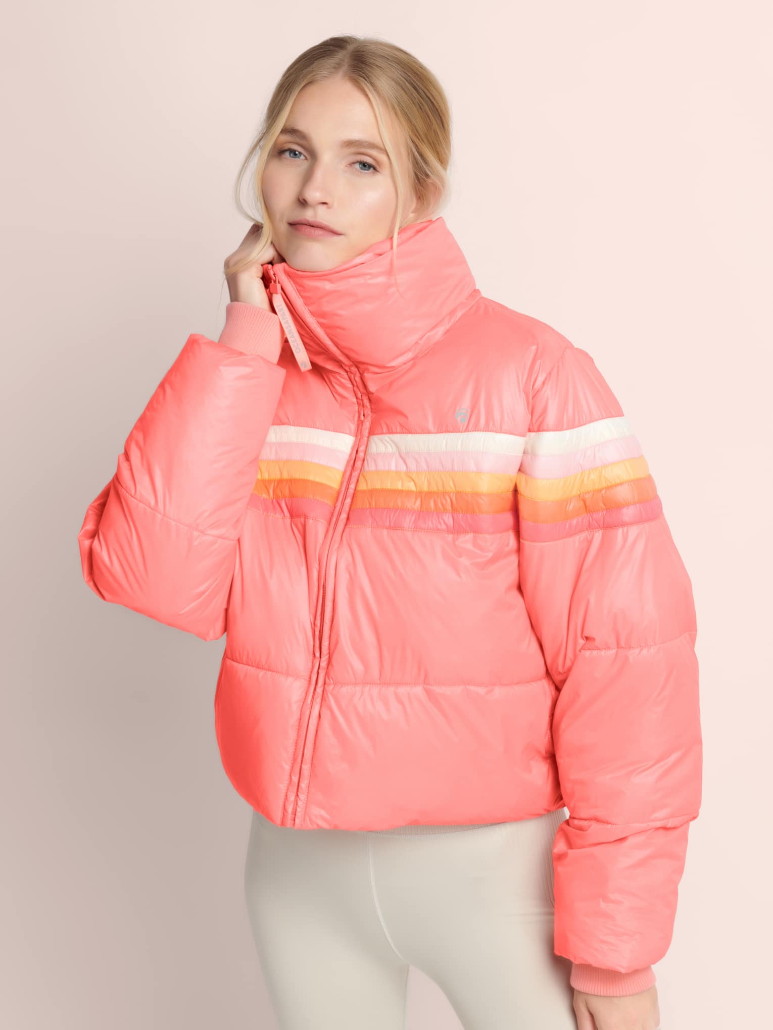 Oceans Apart Coral Sunset Stripe Puffer Jacket - Retro High-Collar Winter Coat