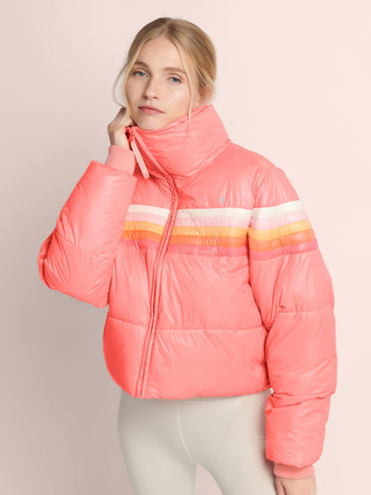 Oceans Apart Coral Sunset Stripe Puffer Jacket - Retro High-Collar Winter Coat