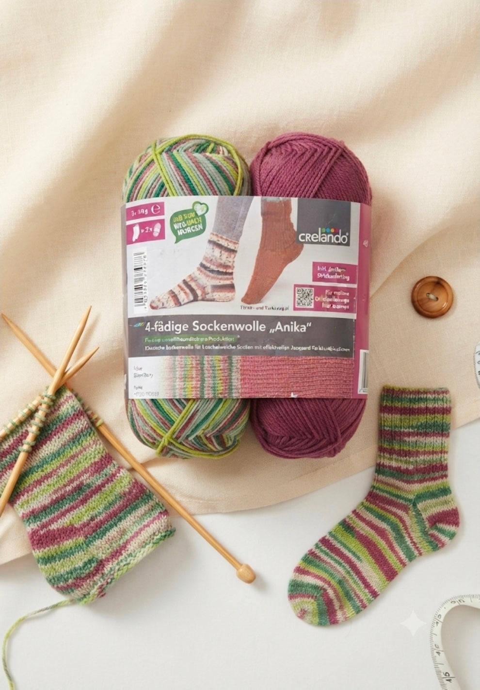 Crelando "Anika" 4-Ply Sock Yarn – Premium Jacquard Color Blend (2 x 100g)
