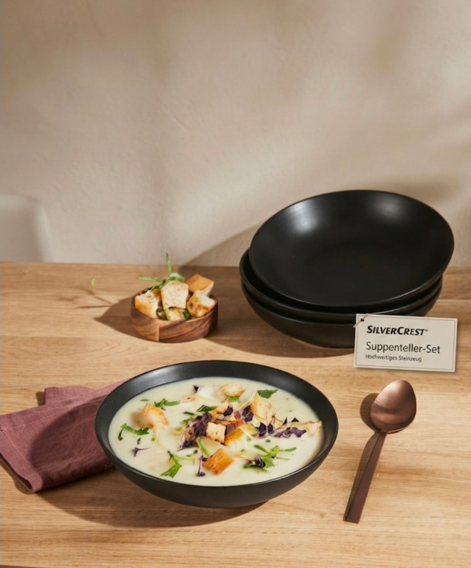 SilverCrest® Soup Plate Set – 4-Piece Matte Black Stoneware, 650 ml