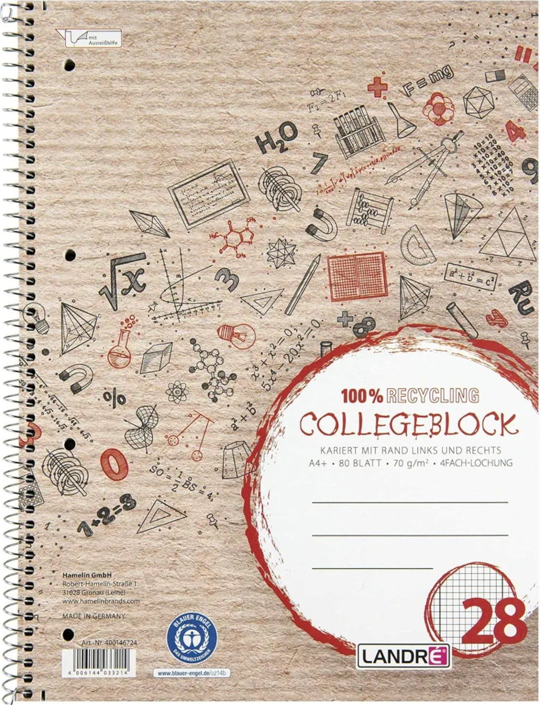 Landre Collegeblock,School, Lineature 28 / squared with inner/outer margin, A4, 70g, beige, 80 sheets