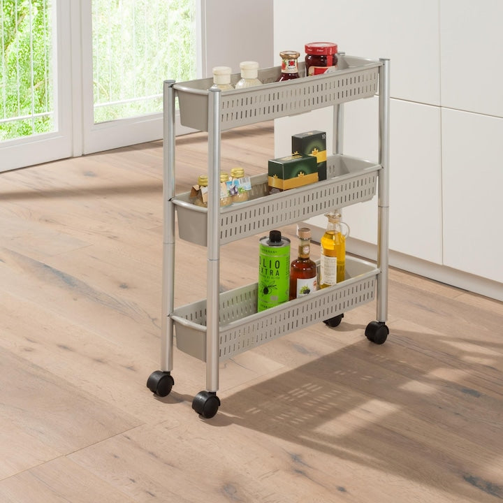 Ruco® Narrow shelves with wheels for bathroom or kitchen, plastic, aluminum