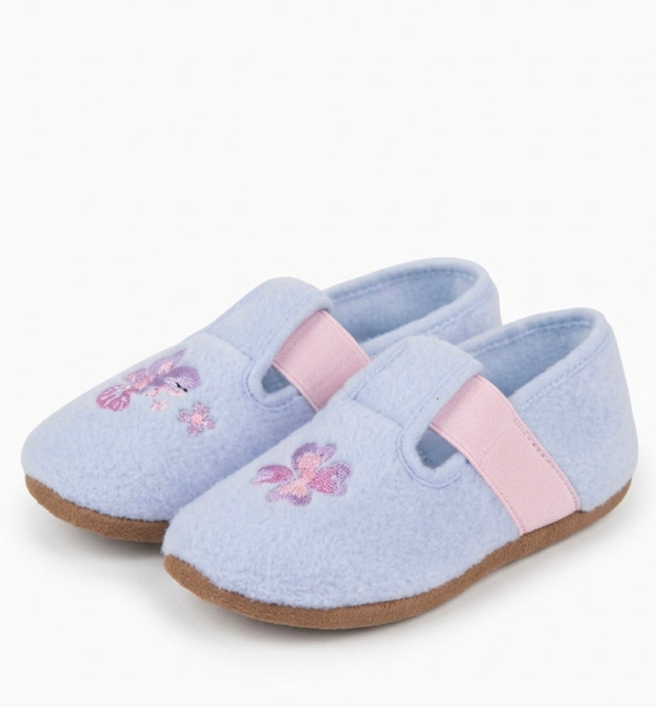 Girls' Floral Embroidered Fleece Slippers – Light Blue Soft Slip-On House Shoes with Elastic Strap