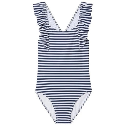 Girls 1 piece Swimsuit with ruffled sleeves, black & white