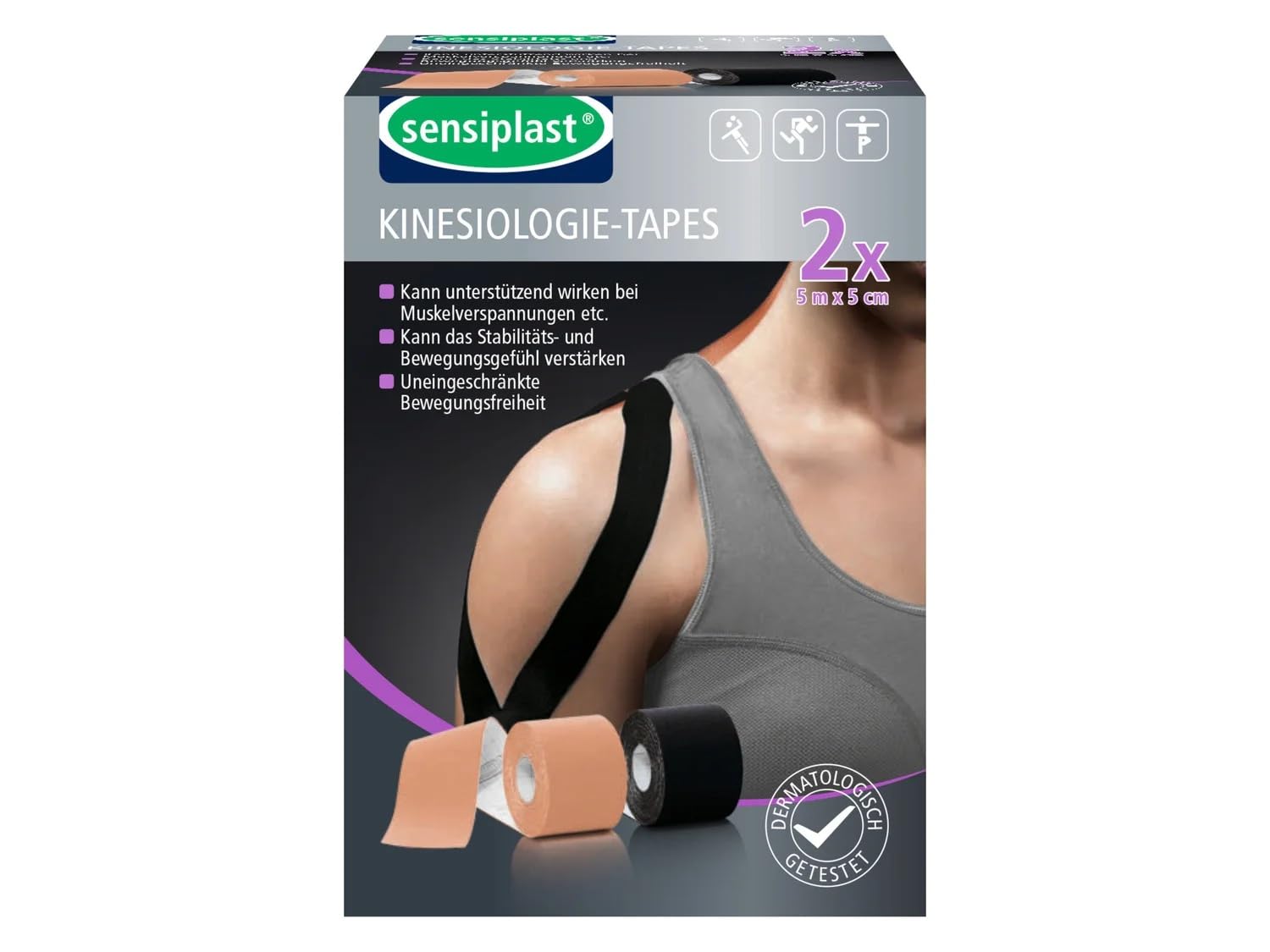 Sensiplast® Kinesiology Tapes. May be helpful for relieving muscle tension. Pack of 2. Composition: 95% cotton, 5% elastane. (Black and Beige)
