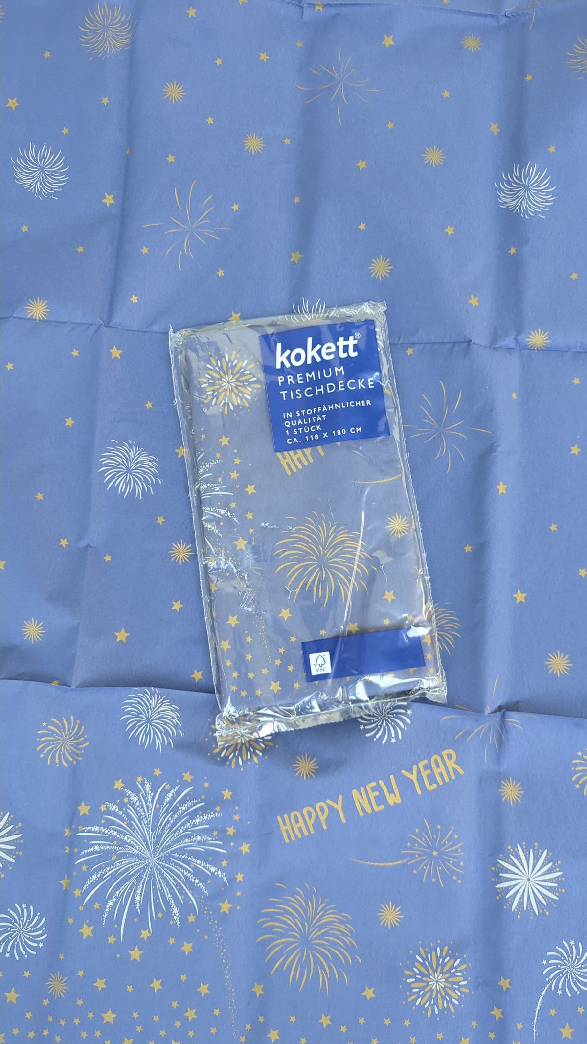 Kokett Premium Disposable Tablecloth – Navy Blue with Gold/Silver Fireworks – 118 x 180 cm