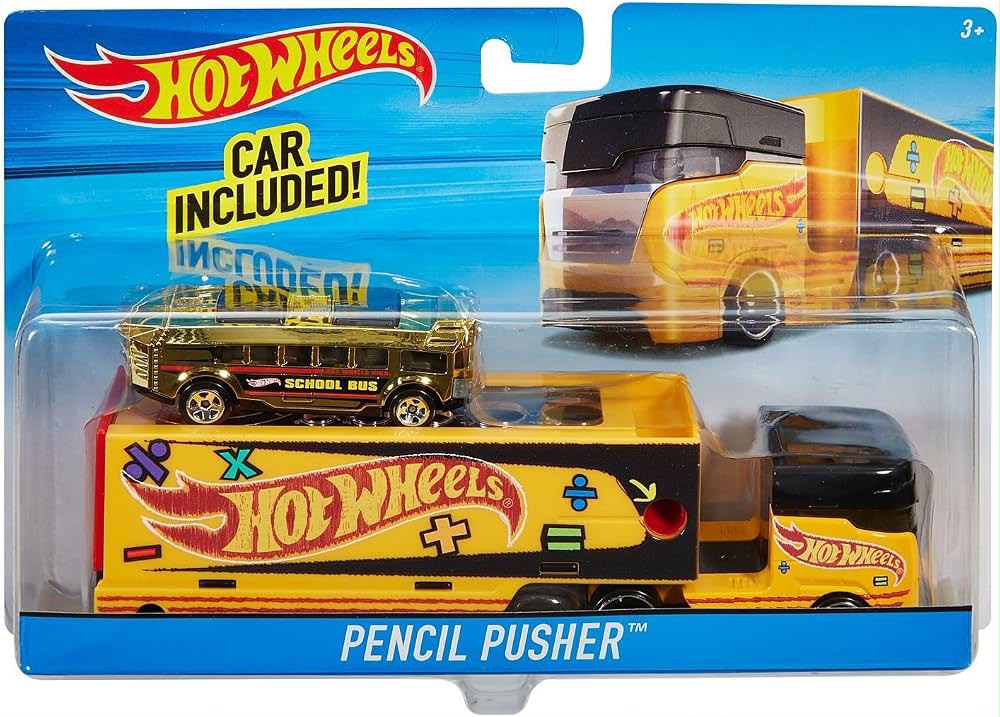 Hot Wheels PENCIL PUSHER Vehicle Truck & School bus Car Set with Detachable Cab