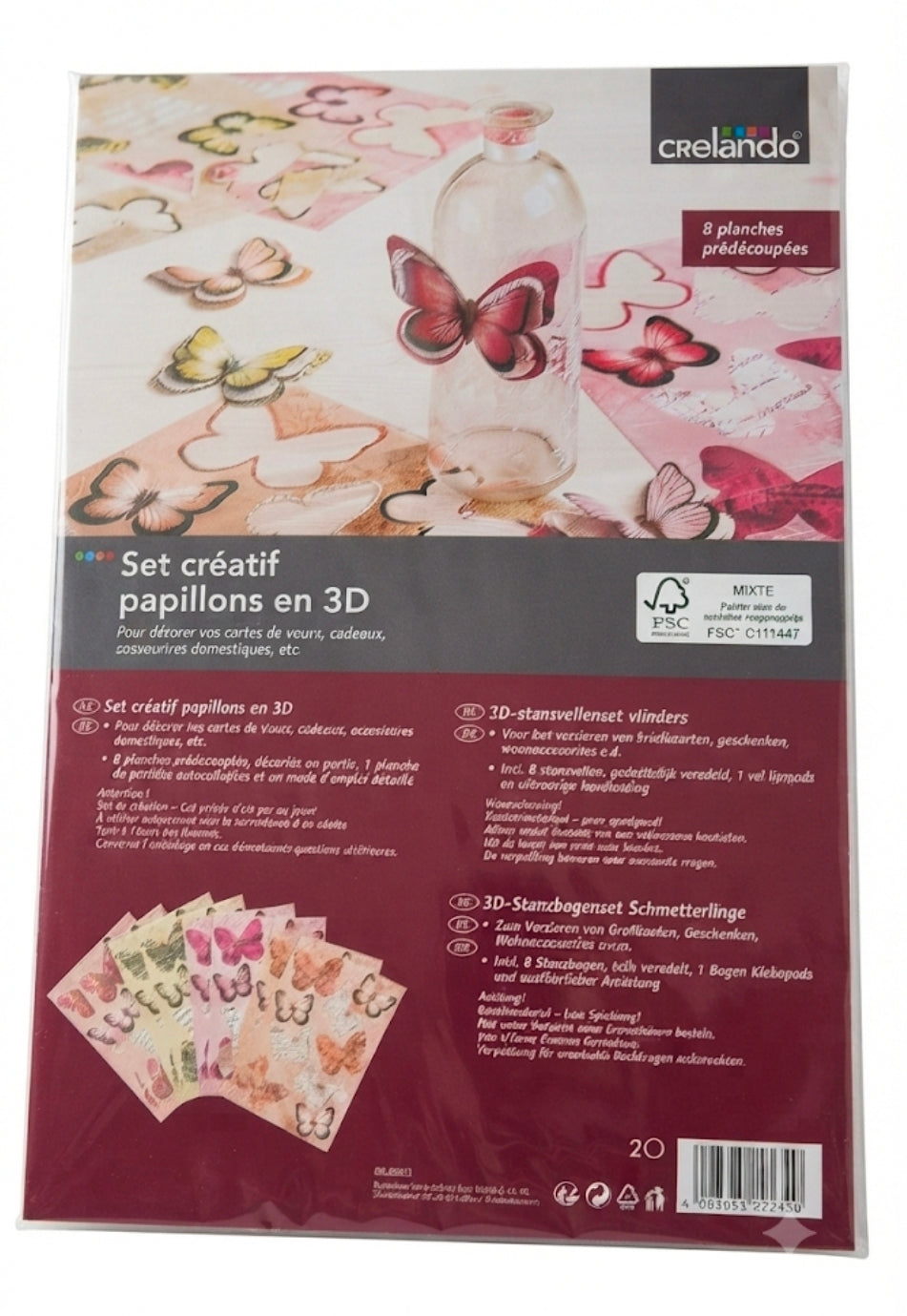 Crelando® 3D Butterfly Craft Set - 8 Pre-Cut Sheets with Glue Pads for Card Making & Decorating
