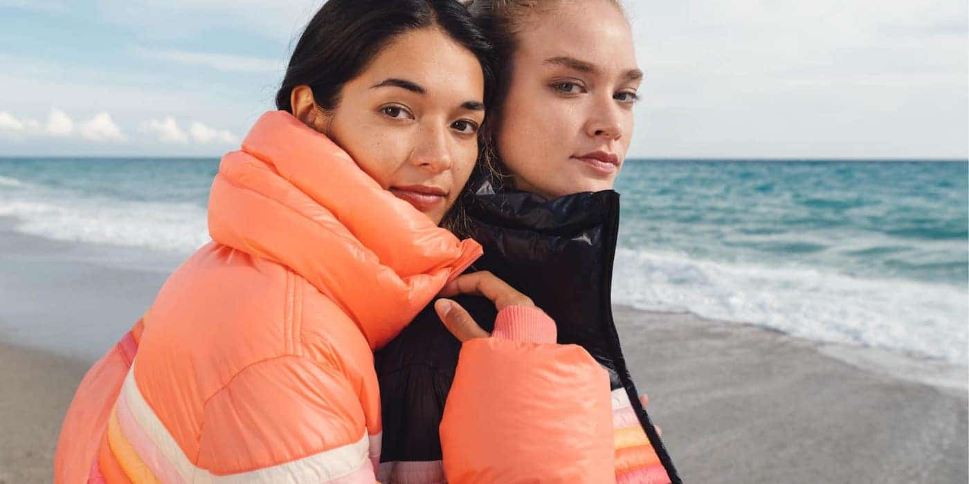 Oceans Apart Coral Sunset Stripe Puffer Jacket - Retro High-Collar Winter Coat