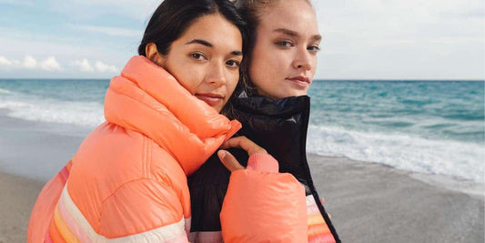 Oceans Apart Coral Sunset Stripe Puffer Jacket - Retro High-Collar Winter Coat