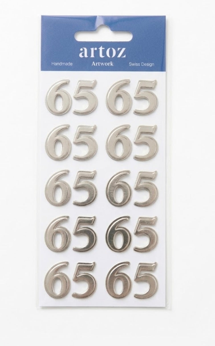 Artoz Artwork Metallic Silver Number "65" Stickers - Pack of 10 Pairs