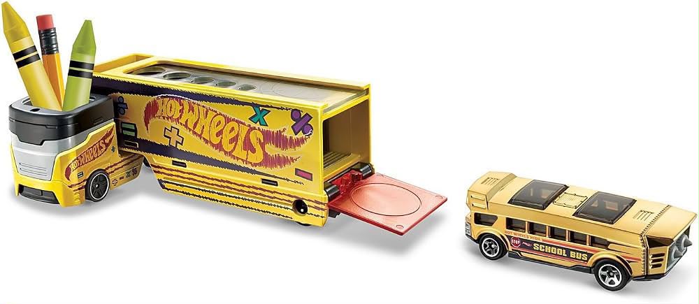 Hot Wheels PENCIL PUSHER Vehicle Truck & School bus Car Set with Detachable Cab