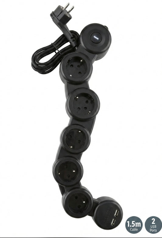 Silvercrest | FlexiPower Modular 5-Way Socket & Dual USB Extension Lead - Black