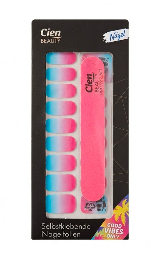 Cien Beauty® Self-Adhesive Nail Wraps – Pink & Blue Gradient / Ombre with Nail File