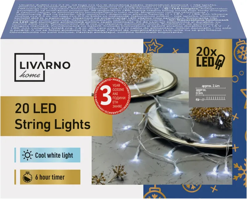 LIVARNO Home مصابيح زينة LED مكونة من 20 لمبة مع مؤقت 6 ساعات – إضاءة زخرفية تعمل بالبطارية