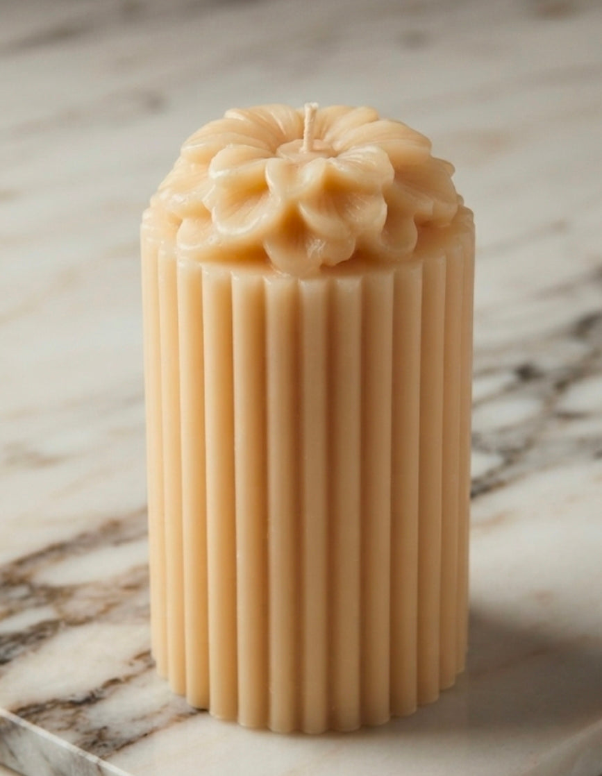Handcrafted Floral Pillar Candle - Ivory / Beige