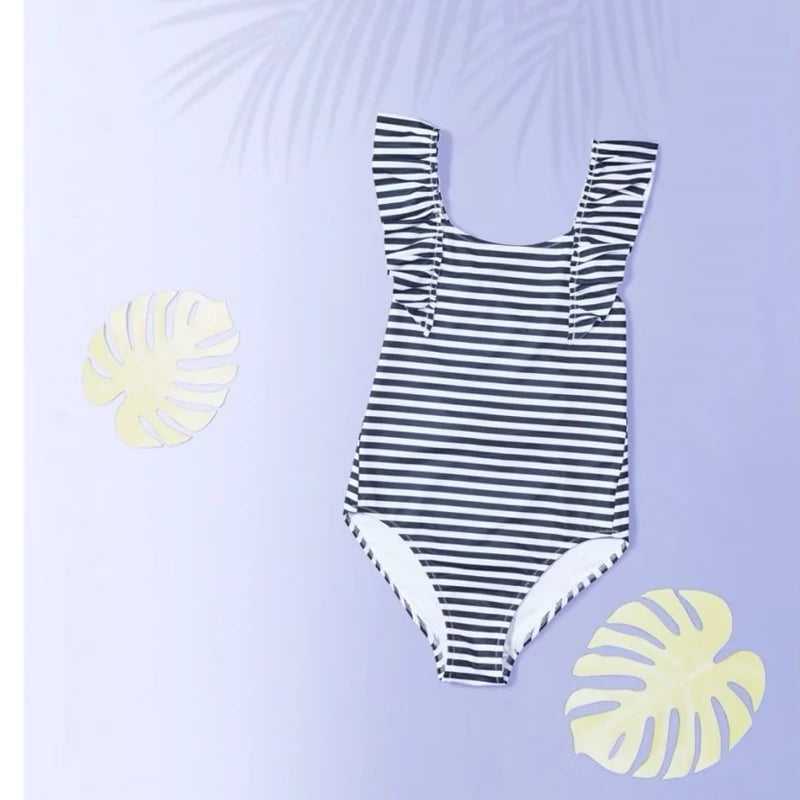 Girls 1 piece Swimsuit with ruffled sleeves, black & white