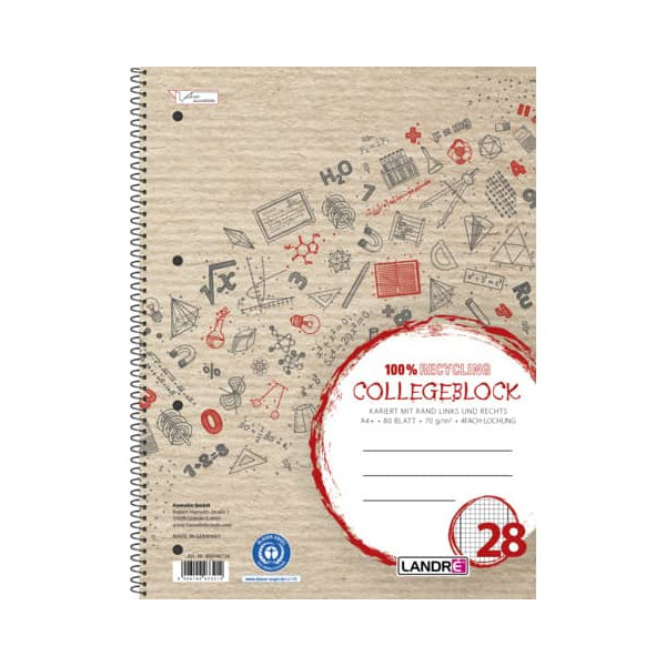 Landre Collegeblock,School, Lineature 28 / squared with inner/outer margin, A4, 70g, beige, 80 sheets