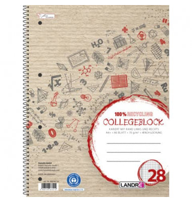 Landre Collegeblock,School, Lineature 28 / squared with inner/outer margin, A4, 70g, beige, 80 sheets