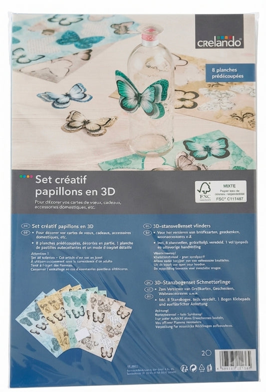 Crelando 3D Butterfly Craft Set - 8 Pre-Cut Sheets with Glue Pads for Card Making & Decorating