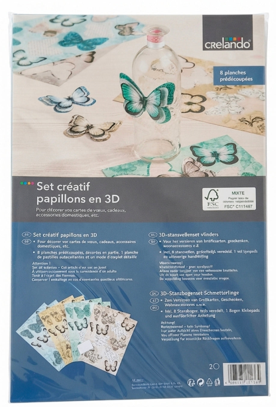 Crelando 3D Butterfly Craft Set - 8 Pre-Cut Sheets with Glue Pads for Card Making & Decorating
